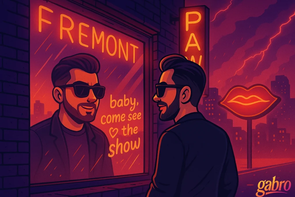 gabro in long sleeves and a vest pauses outside a Fremont Street pawn shop, his face reflected in the rain-specked window under pink and gold neon. The street hums like a slot at dawn while his shadow seems to wink in the glass, inviting him toward the glow.