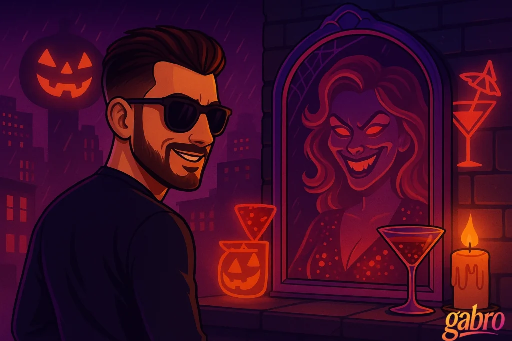 A neon-noir widescreen illustration showing gabro in long sleeves and a dark vest standing before a cracked mirror in a Fremont Street pawn shop. The reflection glows with eerie red and chrome light, suggesting teeth and smoky eyes as if the mirror itself were alive. gabro smirks with gambler’s charm, surrounded by neon haze and rain reflections, blending danger, allure, and Las Vegas magic.