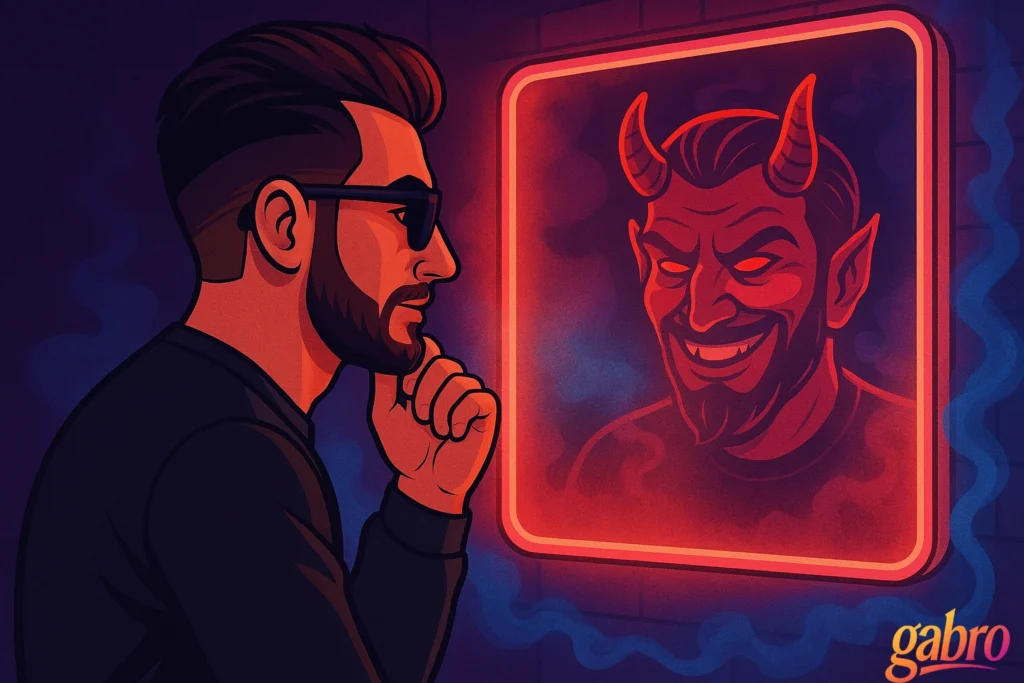 gabro, wearing long sleeves and sunglasses, stands before a glowing red mirror in a smoky, neon-lit pawn shop. His reflection shows a devilish figure with horns and a sly grin, surrounded by misty blue smoke and crimson light. The scene captures temptation, self-confrontation, and Las Vegas Halloween energy in a retro-noir style.