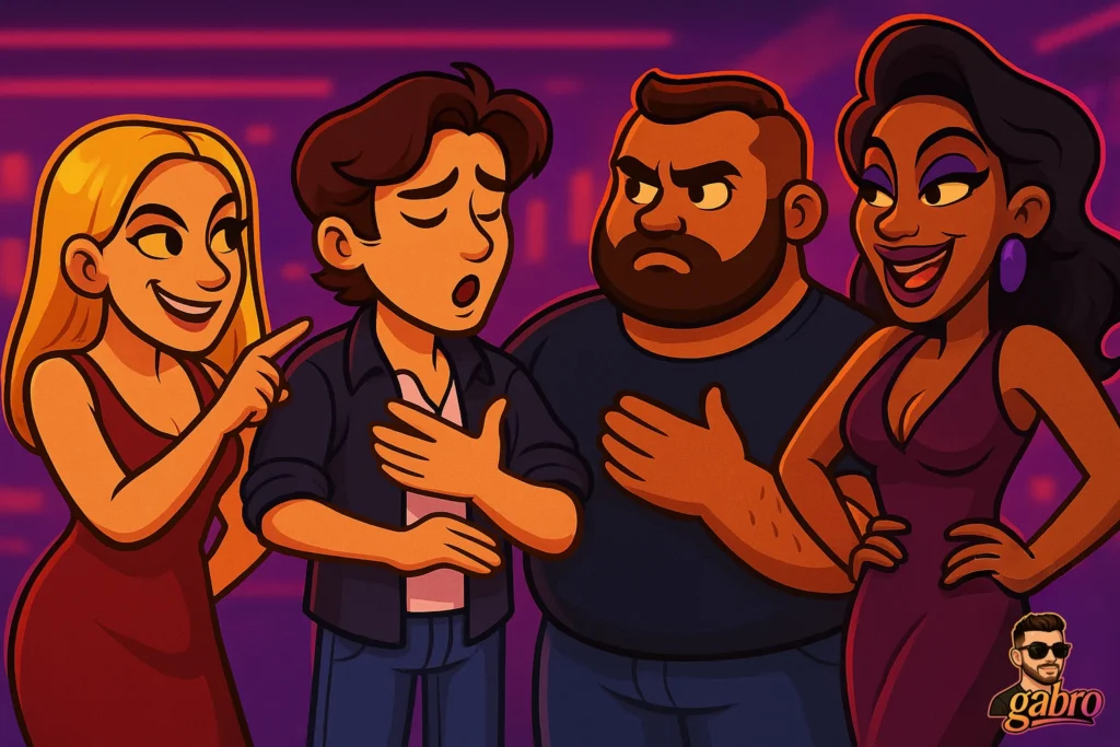A bright cartoon nightlife scene shows four people standing close together under purple and pink lights, mid-conversation. A smiling blonde woman in a red dress points toward a young man with his eyes closed and one hand on his chest, while a bearded man in a dark shirt looks skeptical beside him. On the right, a glamorous woman in a purple dress grins with one hand on her hip. A small gabro logo with a cartoon face appears in the bottom right corner.