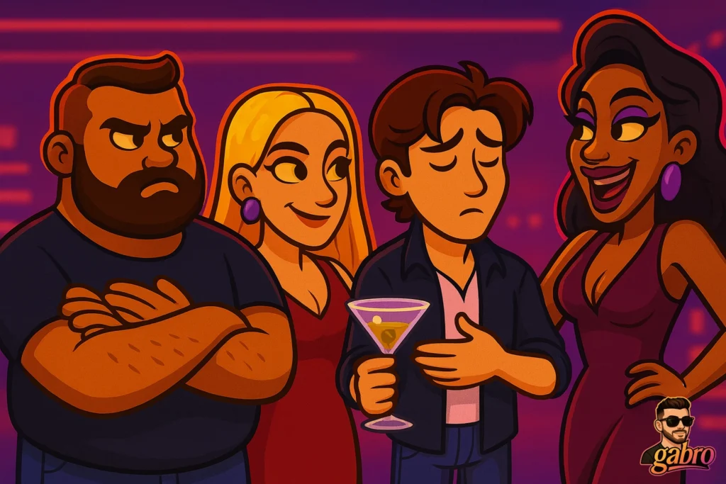 A cartoon nightlife scene shows four people standing together under pink and purple lights. A bearded man with crossed arms looks serious on the left, a blonde woman smiles behind him, a young man in the center holds a martini with a neutral expression, and a glamorous woman in a purple dress smiles at him with one hand on her hip. A small gabro logo with a cartoon face appears in the bottom right.