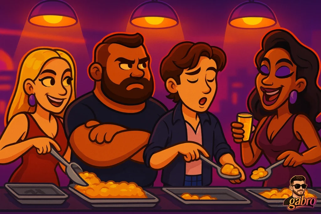 A cartoon buffet scene shows four people serving themselves food under warm hanging lights. A blonde woman scoops food from a tray, a bearded man stands beside her with his arms crossed, a young man serves himself from another tray, and a glamorous woman in a purple dress smiles while holding a drink and a serving spoon. A small gabro logo with a cartoon face appears in the bottom right.