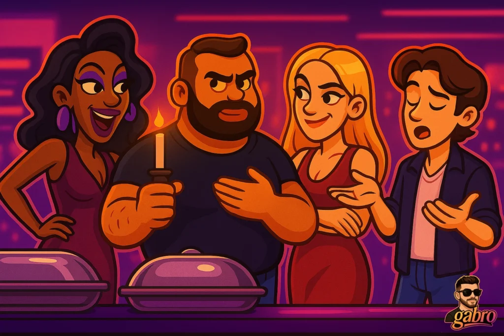 A cartoon buffet-line scene shows four people under neon pink and purple lighting. A glamorous woman in a purple dress grins on the left, a bearded man in a dark shirt stands in the center holding a lit candle or taper, a blonde woman in a red dress smiles beside him, and a young man on the right gestures as if telling a story. Covered buffet trays line the counter, and a small gabro logo with a cartoon face appears in the bottom right.