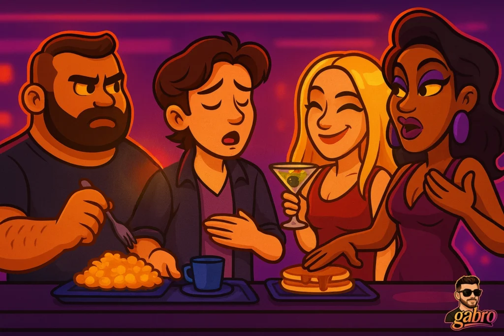 A cartoon buffet scene shows four people gathered at a counter under pink and purple lights. A bearded man eats from a tray of food with a fork, a young man gestures while speaking, a smiling blonde woman holds a martini, and a glamorous woman in a purple dress talks with one hand on her chest. A coffee cup and pancakes sit on trays in front of them, and a small gabro logo with a cartoon face appears in the bottom right.