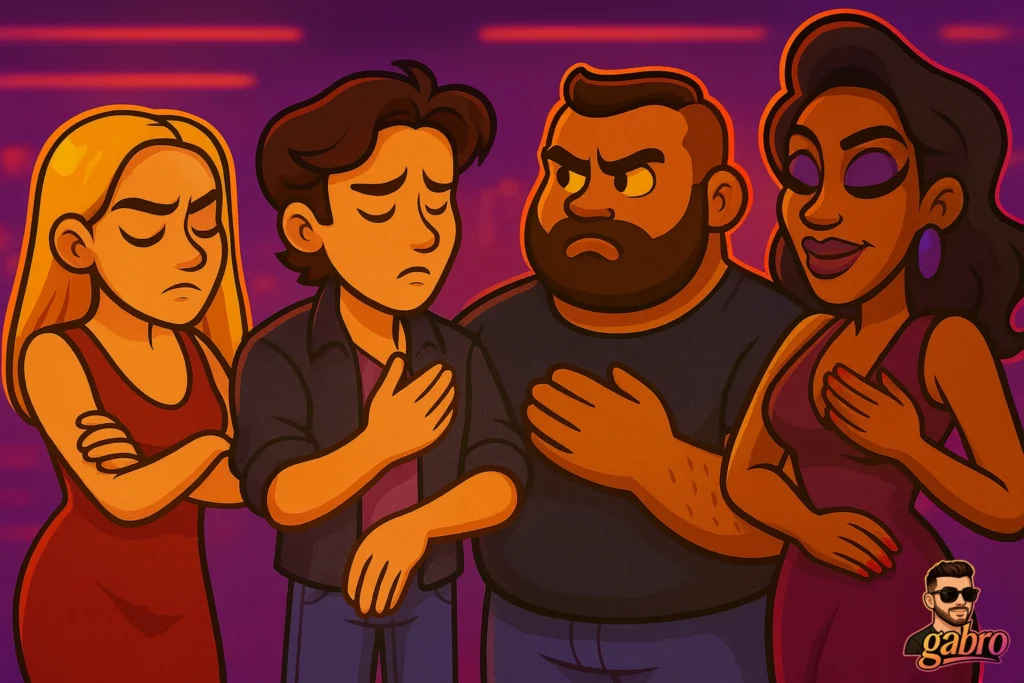 A cartoon nightlife scene shows four people standing close together under pink and purple lights. A blonde woman in a red dress stands with her arms crossed, a young man beside her looks down with one hand on his chest, a stocky bearded man gestures sternly, and a glamorous woman in a purple dress smiles while touching her chest. A small gabro logo with a cartoon face appears in the bottom right.