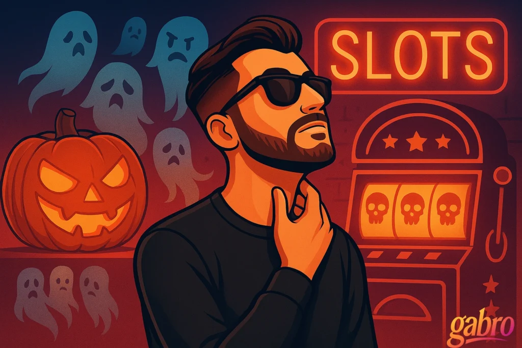 gabro stands before a skull-decorated slot machine glowing red in a smoky Las Vegas room. He tilts his head and touches his neck, eyes half-hidden by sunglasses, surrounded by a grinning jack-o’-lantern and translucent blue ghosts drifting in the neon haze. The mood is confident, haunted, and cinematic, blending danger, performance, and Halloween allure.