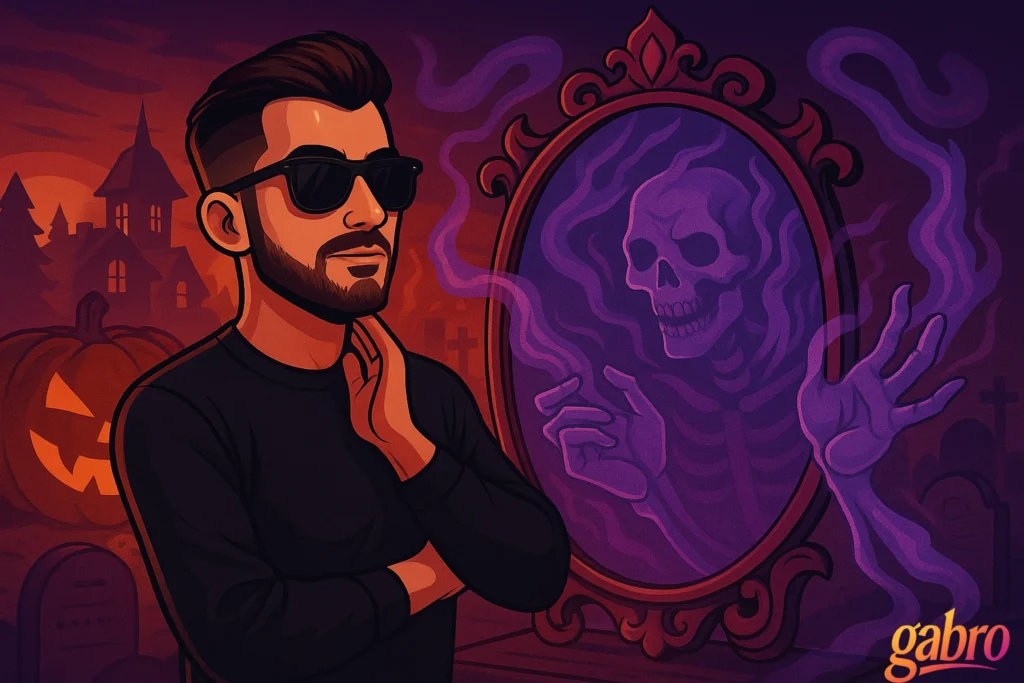 gabro stands before a haunted mirror with pink and gold neon. Smoke hands emerge from the mirror, one tracing his wrist while faint reflections of firelight flicker across his face. Behind him, Fremont Street’s neon signs shimmer through the window, their reflections blending with the mirror’s ghostly red and violet glow. The mood is hypnotic, dangerous, and intimate; half confession, half spell.
