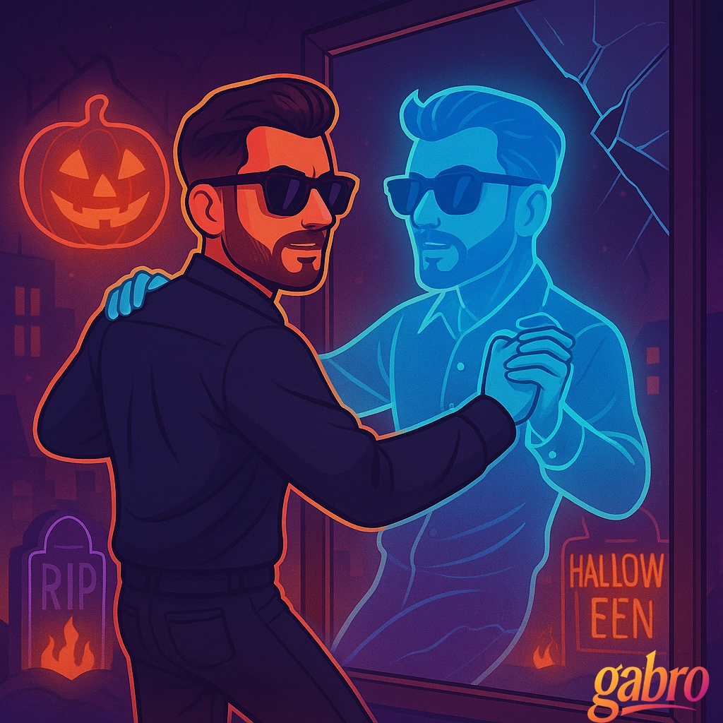 A neon-noir digital illustration showing Gabro, in long sleeves and sunglasses, dancing a haunting tango with his own mirrored reflection on Fremont Street. Both versions wear dark shades and move in eerie synchrony beneath flickering neon signs and ghostly Halloween smoke, with glowing pumpkins faintly illuminating the cracked pavement. The scene feels cinematic, poetic, and emotionally charged, blending romance, danger, and self-revelation.