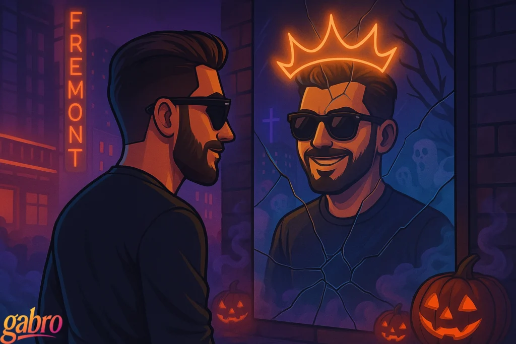 A neon-noir digital illustration of gabro standing under glowing Fremont Street lights at night. He wears sunglasses and a long-sleeve black shirt, a crown of flickering neon light above his head. The background glows with red, pink, and violet casino signs. Petals and sparks swirl around him, symbolizing “roses with razors” and “velvet with teeth,” blending beauty and danger in a cinematic atmosphere.