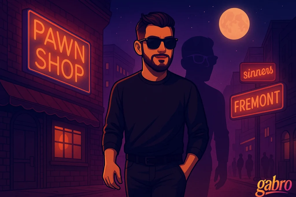 A cinematic neon-noir digital illustration of gabro walking down Fremont Street at night after leaving a pawn shop. He wears dark sunglasses and a long-sleeve shirt, his reflection faintly visible in a cracked window behind him. Neon casino and pawn signs glow pink, gold, and crimson across the wet pavement. The moonlight creates a halo around him as his shadow walks in sync beside him, ghostly but graceful. The scene feels both triumphant and haunted, capturing the final act of a poetic performance.