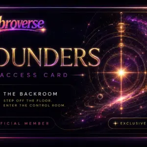 A glowing cosmic membership card design for gabroverse reads “FOUNDERS ACCESS CARD” in large gold letters. On the left, a panel labeled “THE BACKROOM” says “STEP OFF THE FLOOR. ENTER THE CONTROL ROOM.” On the right, a radiant starburst and swirling galaxy-like rings fill the card with purple, pink, and gold light. Buttons at the bottom read “OFFICIAL MEMBER” and “EXCLUSIVE ACCESS.”