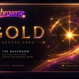 A luminous gold-themed gabroverse card reads “GOLD ACCESS CARD” in large glowing letters. The right side features a brilliant starburst surrounded by sweeping golden and pink cosmic trails, while the left panel says “THE BACKROOM” and “STEP OFF THE FLOOR. ENTER THE CONTROL ROOM.” Along the bottom are labels for “OFFICIAL MEMBER” and “EXCLUSIVE ACCESS.”