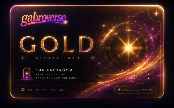 A luminous gold-themed gabroverse card reads “GOLD ACCESS CARD” in large glowing letters. The right side features a brilliant starburst surrounded by sweeping golden and pink cosmic trails, while the left panel says “THE BACKROOM” and “STEP OFF THE FLOOR. ENTER THE CONTROL ROOM.” Along the bottom are labels for “OFFICIAL MEMBER” and “EXCLUSIVE ACCESS.”