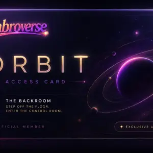 A dark purple space-inspired gabroverse card reads “ORBIT ACCESS CARD” in large glowing letters. On the right, a ringed purple planet floats among stars and orbital lines, while the left panel reads “THE BACKROOM” and “STEP OFF THE FLOOR. ENTER THE CONTROL ROOM.” The bottom includes “OFFICIAL MEMBER” and “EXCLUSIVE ACCESS.”