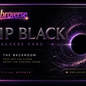 A sleek black-and-purple cosmic card for gabroverse reads “VIP BLACK ACCESS CARD” in large metallic letters. A bright ringed black hole or eclipse-like circle glows on the right side, while a panel on the left reads “THE BACKROOM” with the line “STEP OFF THE FLOOR. ENTER THE CONTROL ROOM.” The bottom of the card includes “OFFICIAL MEMBER” and “EXCLUSIVE ACCESS.”