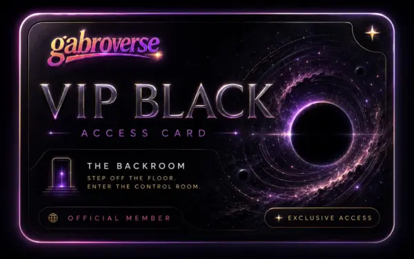 A sleek black-and-purple cosmic card for gabroverse reads “VIP BLACK ACCESS CARD” in large metallic letters. A bright ringed black hole or eclipse-like circle glows on the right side, while a panel on the left reads “THE BACKROOM” with the line “STEP OFF THE FLOOR. ENTER THE CONTROL ROOM.” The bottom of the card includes “OFFICIAL MEMBER” and “EXCLUSIVE ACCESS.”