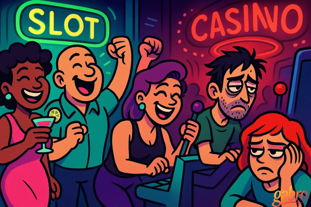 A colorful cartoon casino scene shows a group of slot players with very different moods. Three people on the left are laughing and celebrating beneath glowing “SLOT” and “CASINVO” signs, one holding a cocktail and another raising both fists. On the right, a tired-looking man slumps beside a slot machine while a red-haired woman rests her head on her hand, looking bored and unhappy. A small gabro logo appears in the bottom right corner.