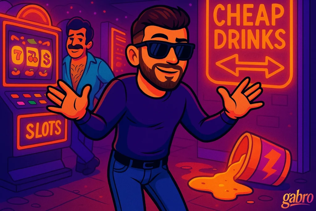 Neon cartoon-style illustration of gabro smirking and shrugging on a glowing Vegas casino floor. A spilled bucket of nacho cheese glows beside him, slot machines flash in the background, and a man with an open shirt watches nearby. The mood is mischievous, colorful, and playful, with a ‘gabro’ logo watermark in the corner.