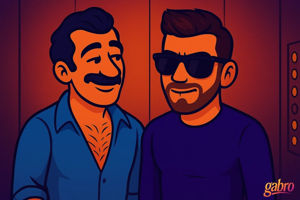 Illustration of gabro and man standing close together in an elevator. The man, with a mustache and chest hair visible through an unbuttoned blue shirt, smiles warmly at gabro, who wears sunglasses and a dark shirt with a confident smirk, biting his lip. The lighting is warm and reddish, creating an intimate, flirtatious atmosphere. The word “gabro” appears in the bottom right corner.
