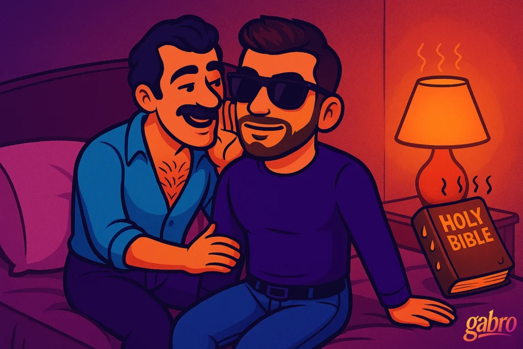 A colorful cartoon-style digital illustration shows gabro sitting on a hotel bed wearing a dark purple long-sleeve shirt, jeans, and sunglasses while a mustached man in a bright blue open shirt and dark jeans leans in, whispering playfully. A sweating Bible labeled “HOLY BIBLE” sits on a nightstand beside a glowing lamp. The room glows with purple, pink, and orange neon light, with a small gabro logo in the corner.