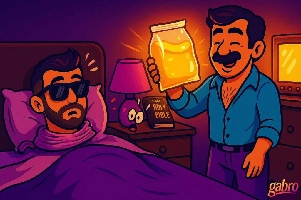 Cartoon-style digital illustration depicting a funny hotel room scene. gabro, wearing sunglasses, lies under a blanket with a shocked expression while a mustached man in a blue shirt proudly holds up a glowing bag of nacho cheese. A lamp and Bible on the nightstand appear to be sweating, creating a comically absurd atmosphere.