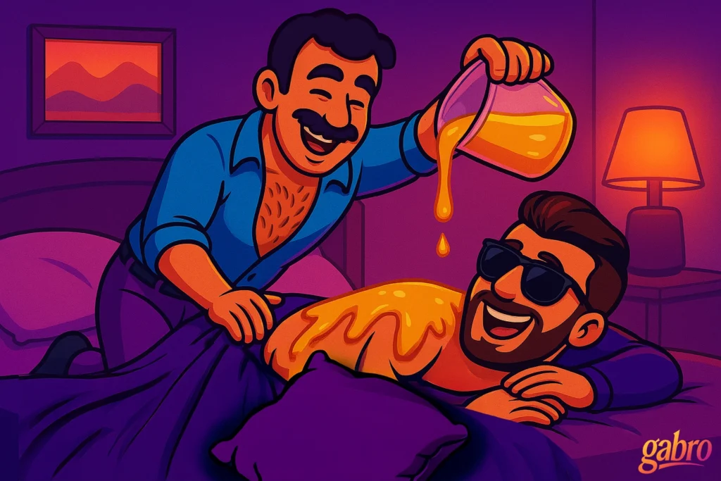 Cartoon-style digital illustration of a humorous hotel room scene. A man in a blue shirt pours glowing nacho cheese from a jar onto gabro’s back as gabro laughs, wearing sunglasses and smiling on a purple bed. The scene glows in orange and purple tones with a playful, absurd energy.