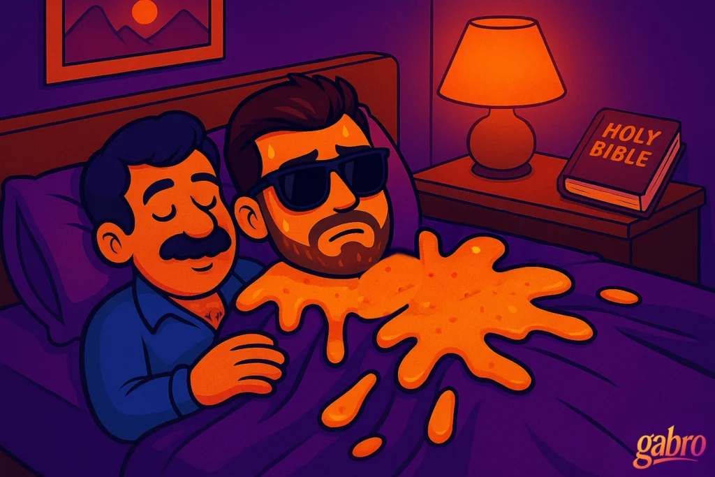 Cartoon-style digital illustration of gabro and a mustached man lying fully clothed in bed after a chaotic night. gabro, wearing sunglasses, looks dazed while the other man sleeps peacefully. Bright orange nacho cheese is splattered on the blanket. The scene glows with purple and orange neon light, with a sweating Bible and lamp on the nightstand adding humor.