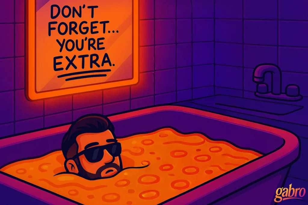 Cartoon-style digital illustration showing gabro lying in a bathtub full of nacho cheese, looking dazed but amused. The mirror above him glows with the message “Don’t forget… you’re extra.” The scene is lit in bright neon orange and purple hues, giving it a humorous, surreal Vegas vibe