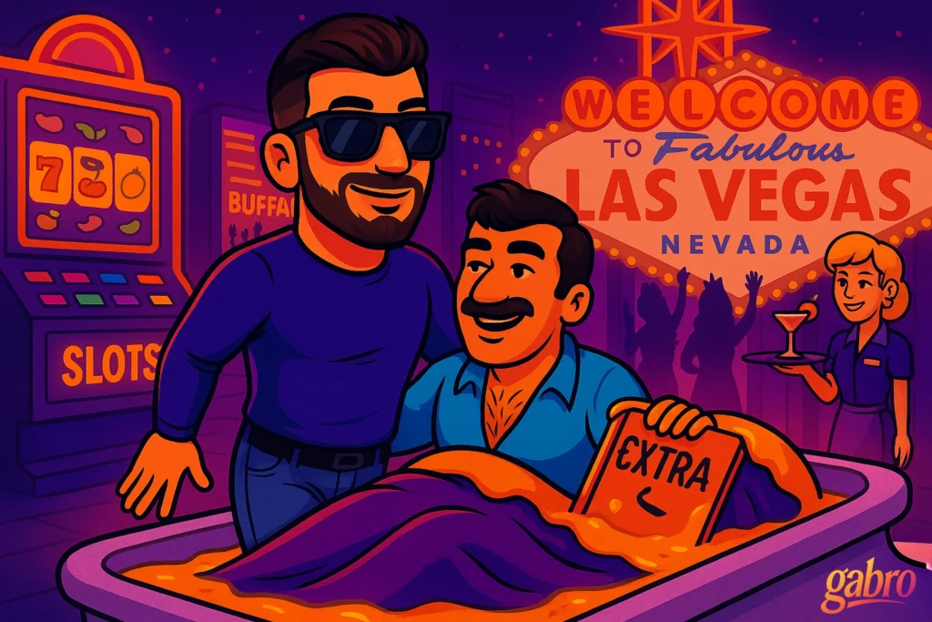Cartoon-style digital illustration of gabro walking confidently through a neon-lit Vegas casino, glowing with swagger. He’s wearing sunglasses, jeans, and a long-sleeve shirt, while slot machines and neon signs flash behind him. The scene has a triumphant and funny energy, celebrating his post-nacho-cheese comeback.