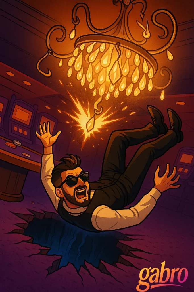 gabro, wearing a long-sleeve white shirt and black vest, falls backward through a cracked casino floor as a massive chandelier drops above him, scattering glowing crystals and sparks across the smoky room. The slot machines flicker in the background, bathed in eerie golden and violet light.