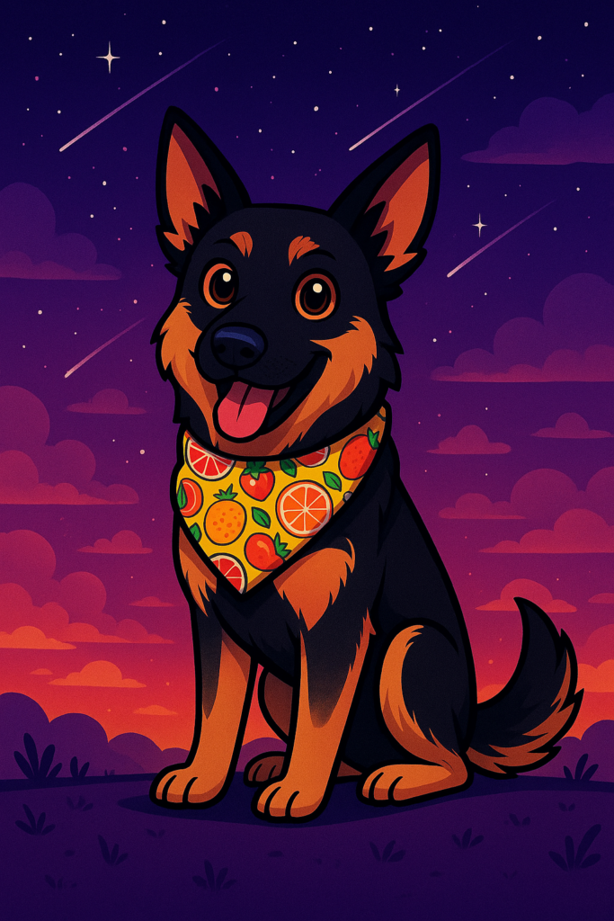 A cheerful cartoon portrait shows a black-and-tan dog named cosmo sitting outdoors at dusk under a starry sky with shooting stars and soft clouds. Cartoon Cosmo looks forward with bright eyes and an open-mouthed smile, wearing a colorful bandana patterned with oranges and citrus slices.