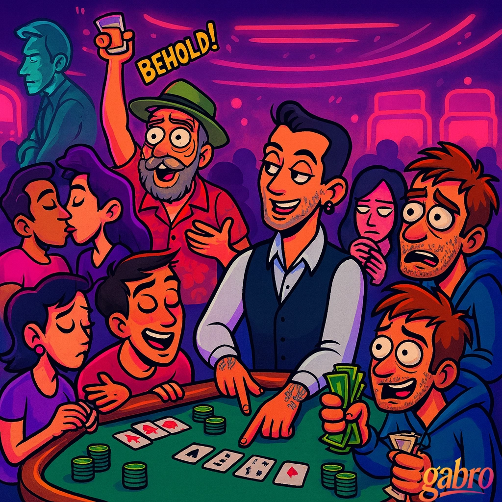 A lively cartoon casino scene shows a stylish dealer with dark hair, an earring, a white shirt, and a black vest pointing at cards on the table while a colorful crowd reacts around him. One man in a green hat raises a drink under the word “BEHOLD!”, a couple kisses on the left, and two nervous-looking men clutch cash on the right. Green chips and face-up cards cover the table, while pink and purple casino lights glow in the background, with a small gabro logo in the bottom right corner.