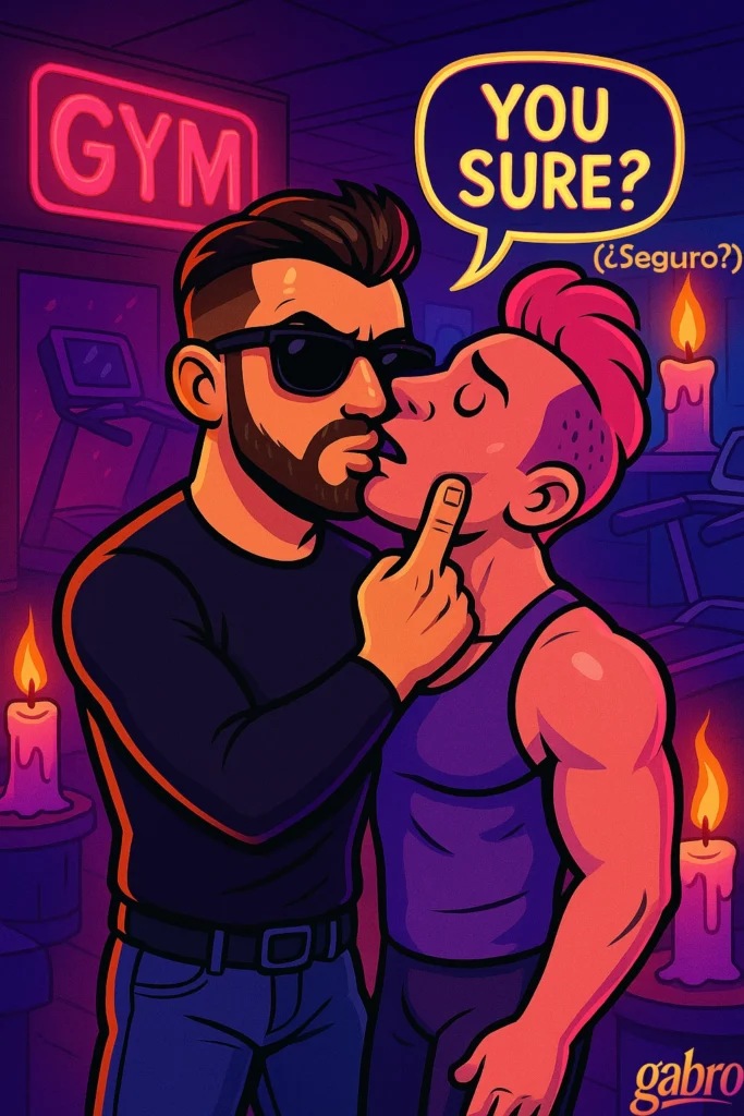 gabro, wearing his signature sunglasses and a fitted black shirt, stands in a dimly lit gym illuminated by candles. He gently places a finger under the chin of a muscular man with a pink mohawk who leans in close, about to kiss him. A glowing speech bubble above gabro reads, “You sure?” The scene blends flirtation, tension, and humor against the backdrop of treadmills, weights, and neon gym signage.