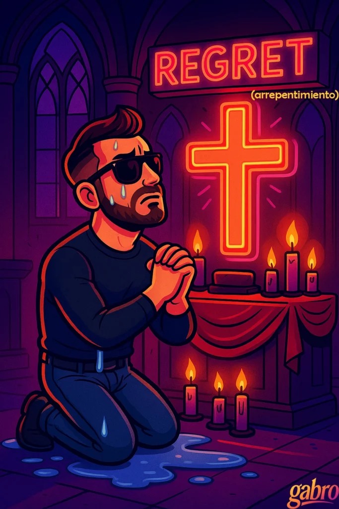 gabro, wearing sunglasses and a black long-sleeve shirt, kneels on the floor of a dim, cathedral-like room. He’s sweating dramatically, hands clasped in prayer, with puddles forming beneath him. In front of him is an altar lit by glowing candles and a large neon cross. Above the cross, a neon sign reads “REGRET.” The scene is humorous and over-the-top, blending melodrama with sacred imagery.