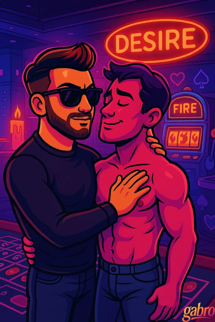 gabro, wearing sunglasses and a black long-sleeve shirt, stands in a neon-lit casino holding a shirtless man close with one hand on his chest. The shirtless man leans in with a dreamy, content smile. Behind them, warm neon signs glow with the word “DESIRE” and a slot machine labeled “FIRE,” adding a playful, seductive mood to the scene.
