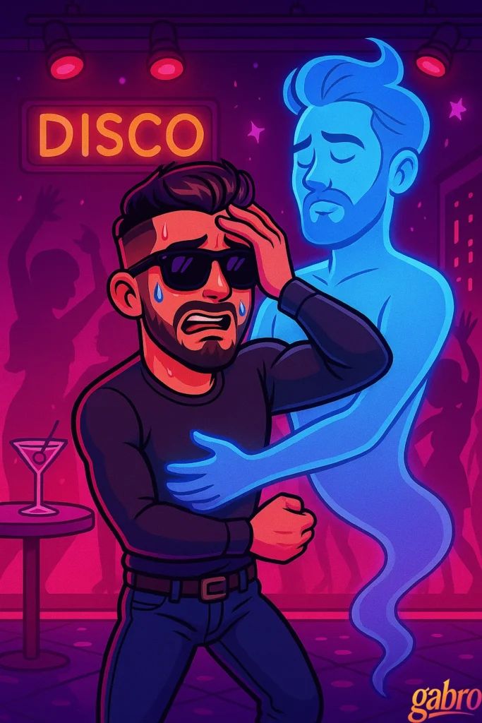 gabro, wearing sunglasses and a black outfit, stands sweating and distressed on a disco dance floor as a glowing blue ghostly figure of a man wraps gentle arms around him from behind. Colorful lights, silhouettes of dancers, and a martini glass set the club atmosphere while the neon sign “DISCO” glows above them. The scene captures a mix of emotion, nostalgia, and haunting affection.