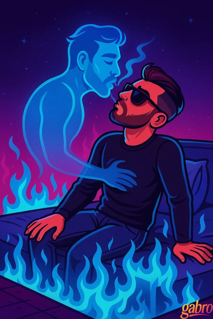 gabro sits on the edge of a bed surrounded by glowing blue flames, wearing his signature sunglasses and a black shirt, leaning back as a translucent blue ghost-man leans in to kiss him. The ghost’s hand rests gently on gabro’s chest, their faces inches apart. The background is a dreamy purple night sky with small stars, creating an intimate, surreal, and emotional atmosphere.