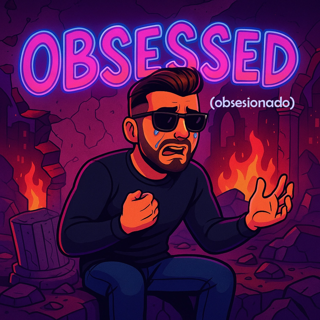 Cartoon-style neon illustration of gabro sitting in dramatic ruins lit by purple and orange flames. He wears sunglasses, a long-sleeve black shirt, and jeans, crying with one hand clenched to his chest and the other reaching outward. Behind him, the word “OBSESSED” glows in large neon letters, with the Spanish translation “obsesionado” beside it. The scene feels emotional, theatrical, and queer-nightlife inspired.
