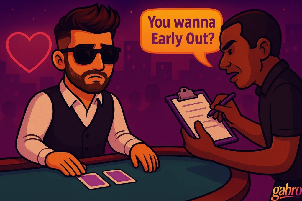 Cartoon gabro sitting at a casino table in his dealer vest and sunglasses, looking tired and conflicted as a supervisor with a clipboard asks, “You wanna Early Out?” with a glowing heart symbol faintly behind him.
