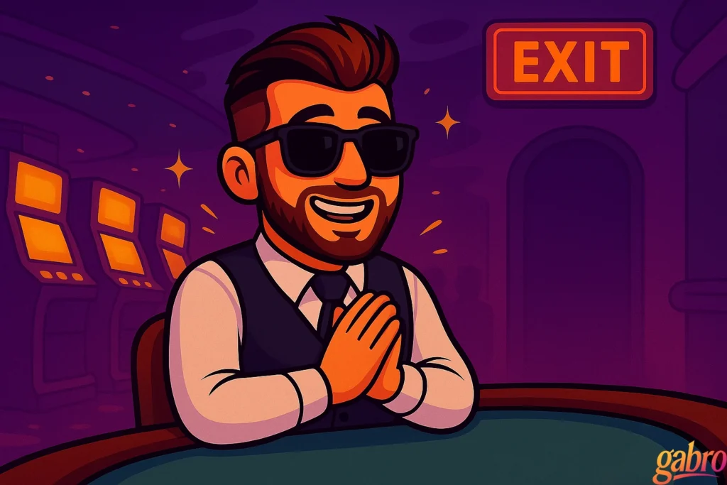 Cartoon gabro sitting at a casino table in his dealer vest, grinning with his hands clasped in excitement as sparkles appear around him and a glowing “EXIT” sign shines behind him.