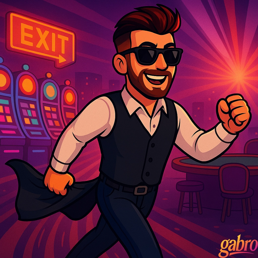 Cartoon gabro in his dealer vest and sunglasses joyfully sprinting through a casino toward a glowing EXIT sign, coat flying behind him as slot machines and tables fade into the background.