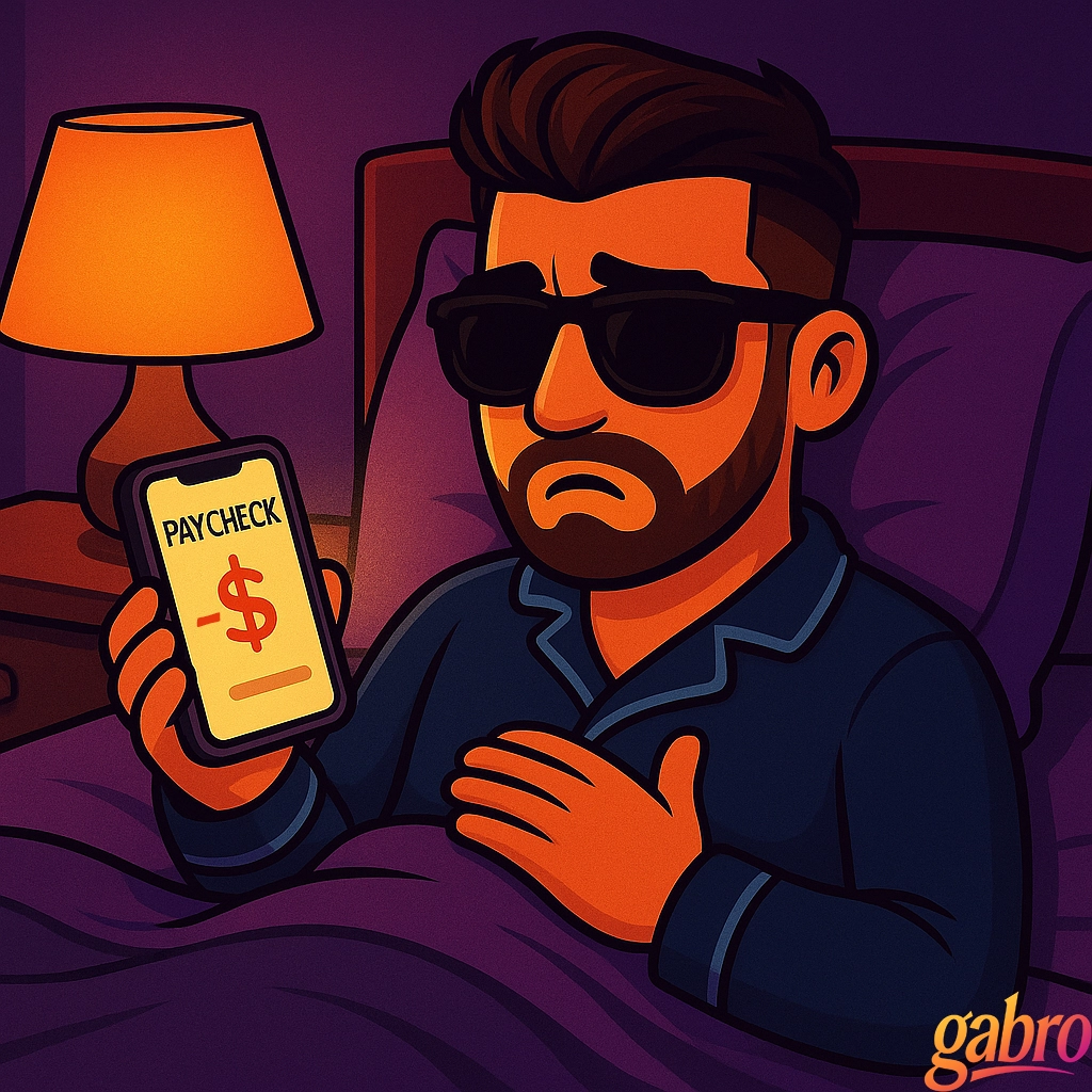 Cartoon gabro sitting in bed wearing pajamas and sunglasses, looking heartbroken as he checks his phone displaying a “PAYCHECK” screen with a negative dollar amount, a warm lamp glowing beside him.