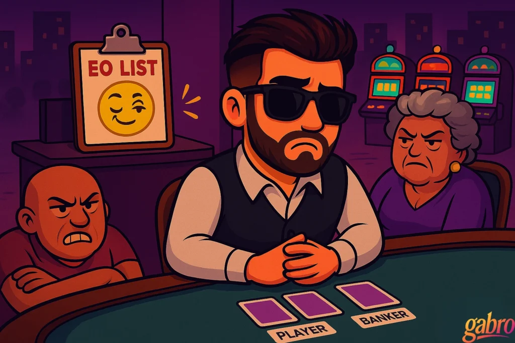 Cartoon gabro dealing baccarat at a casino table, looking sad and worn out, while two angry players glare at him. Behind him, a clipboard titled “EO LIST” shows a winking emoji, and slot machines glow in the background.