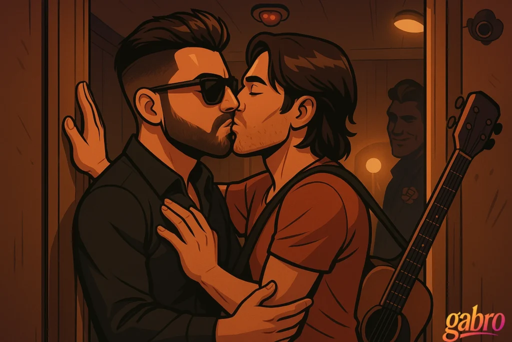 Backstage hallway in warm orange light. gabro in long sleeves and sunglasses kisses Rafe King against a doorframe while Rafe’s guitar hangs by a strap. A small ceiling camera blinks like an eye in the sky and Rocco watches from the shadows with a sly grin.