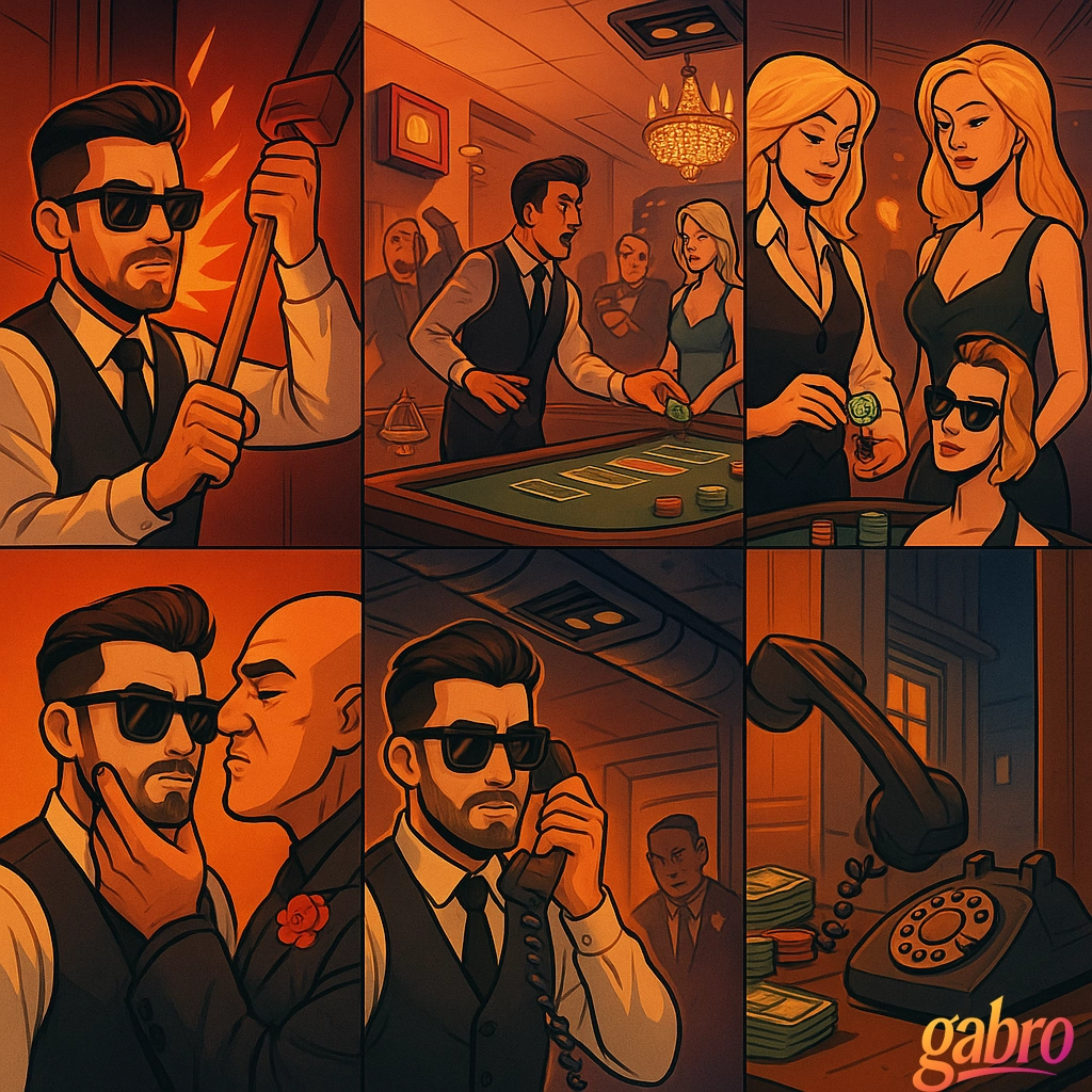 Six-panel storyboard. Panel one shows gabro yanking a breaker while sparks pop. Panel two shows the chandelier inhaling as gamblers split between panic and finishing their hands while the ceiling vent blinks no. Panel three shows gabro sliding a green chip to a server while the tiger watches and the camera blinks yes twice. Panel four shows Rocco cupping gabro’s cheek with a wilted carnation on his lapel. Panel five shows gabro calling from a lounge phone while the duct above watches like an eye and security lurks. Panel six shows a rotary phone ringing by stacks of cash and a matchbook, the sound seeming to come from under the count desk.