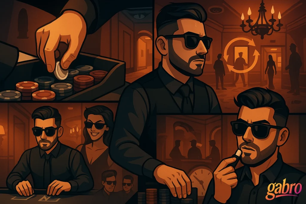 Four-panel montage. Panel one shows a dealer at the next table slipping a white chip into the rack with neat fingers while gabro watches from the edge. Panel two shows gabro in sunglasses under a chandelier as a hallway loops back on itself and the ceiling vent watches like an eye. Panel three shows gabro at the layout running a fast clean shuffle while background silhouettes repeat. Panel four shows gabro touching on lip balm with a wry look as chips stack in rhythm and a wall clock hints at the loop.