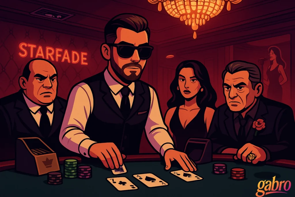 gabro, wearing sunglasses and a sharp black vest with long sleeves, deals cards at the high-stakes Ruby Room table inside the Starfade Casino. Mobsters in suits, a glamorous woman, and the tiger-ringed old man watch tensely. Rocco, with a wilted red carnation, leans in from the shadows. Above, the vent glows faintly while “the sky” is watching from the ceiling as Vera Lune sings softly in the crimson haze.