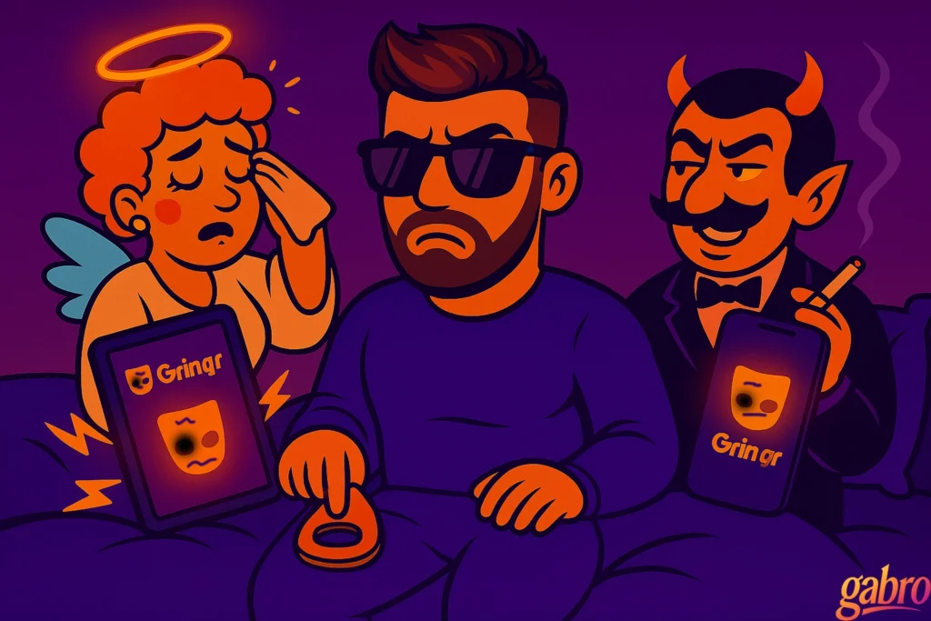 A neon cartoon illustration of gabro standing beside a messy bed, looking frustrated while switching between his glowing iPhone and an iPad showing Grindr notifications. The drag queen angel wipes her forehead, exasperated, while the drag king devil lounges nearby smirking with a cigarette. The room glows in purple-orange tones, evoking Vegas-night chaos and queer humor.