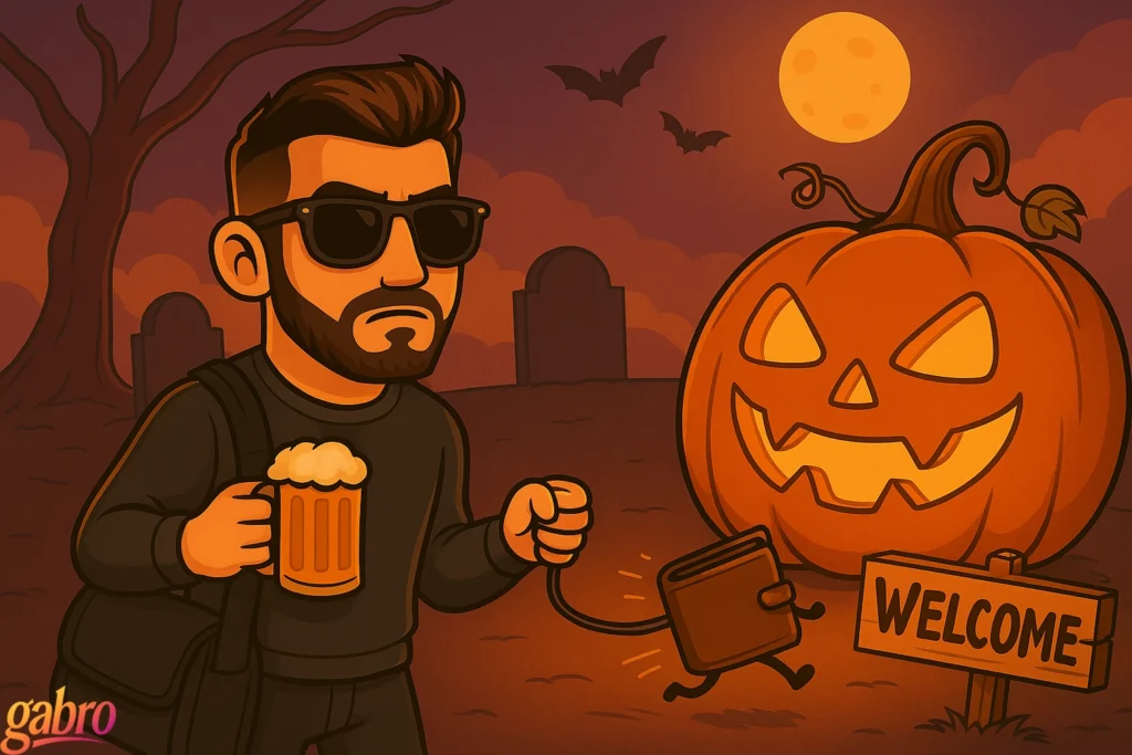 Cartoon gabro holding beer with wallet running away, staring at pumpkin with welcome sign.