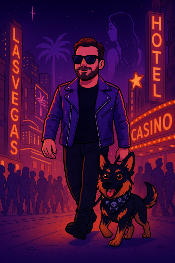 A neon cartoon nighttime scene shows gabro walking confidently down the Las Vegas Strip wearing sunglasses, a dark shirt, and a blue leather jacket. Beside him trots a happy black-and-tan dog named Cosmo wearing a skull-pattern bandana. Glowing signs reading “LAS VEGAS,” “HOTEL,” and “CASINO” light the street, with crowds in silhouette and a large ghostly woman’s figure in the background sky.